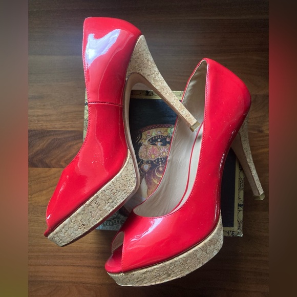 cole haan Heels 9.5 air Mariela Platform Leather Red Peep Toe Cork Nike Air sole - Picture 4 of 8